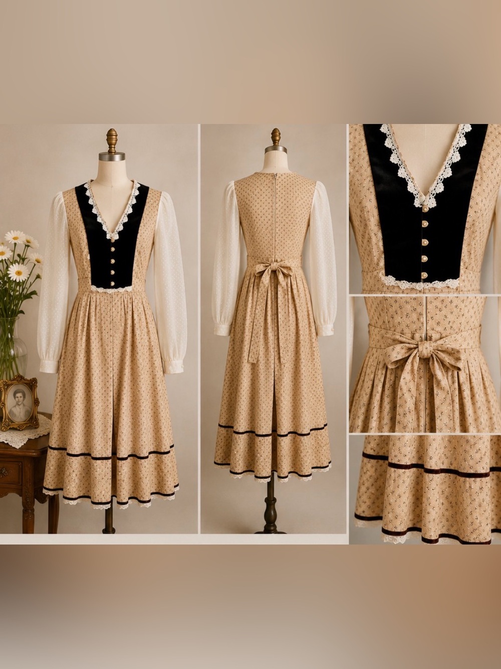 Gunne Sax - vintage 70s prairie dress -velvet bodice - tan calico - XXS